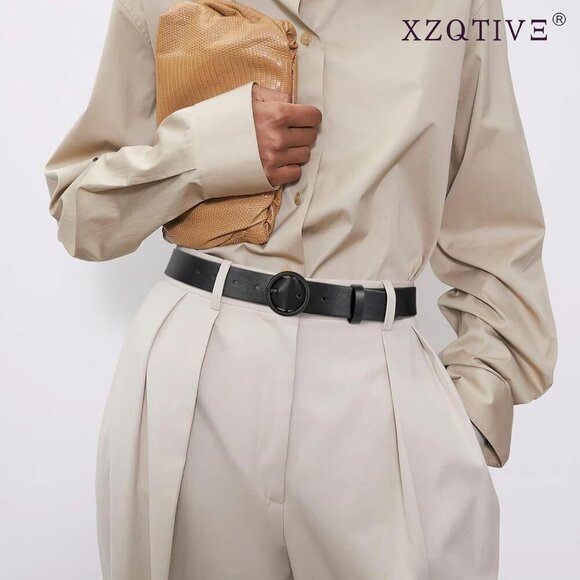 Women Leather Belt with Circle Black Buckle Fashion Ladies Waist Belt Black main image 8